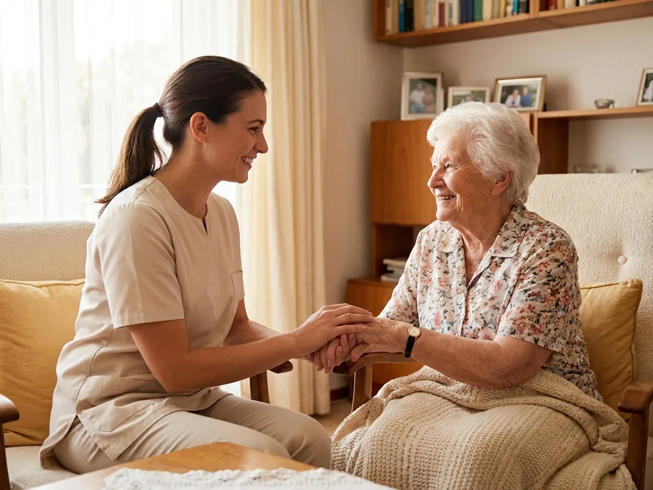 Pflegekraft nimmt eine neue Patientin herzlich auf und hält ihre Hände